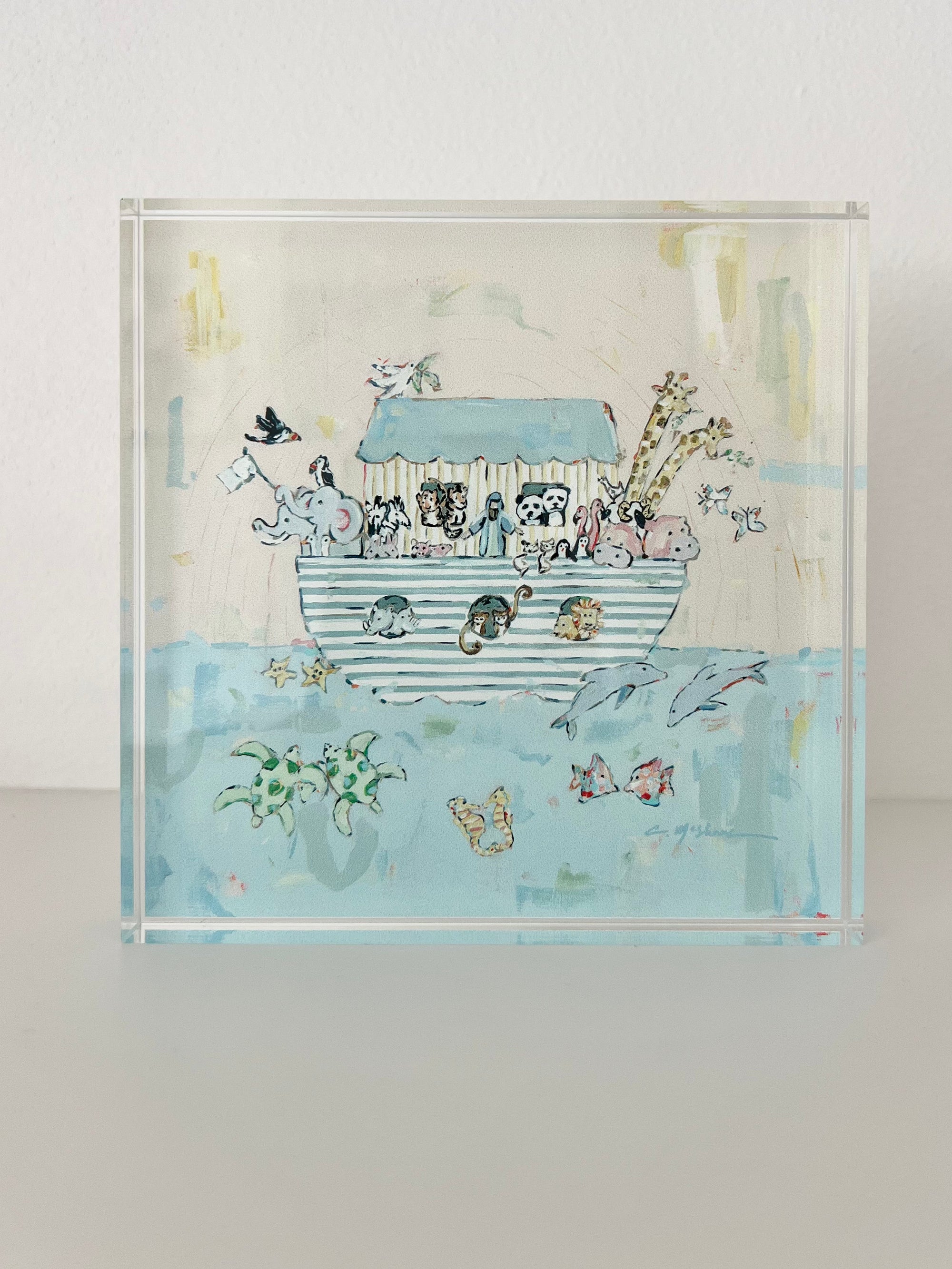 Noah's Ark acrylic tabletop art block featuring colorful original artwork by Chelsea McShane