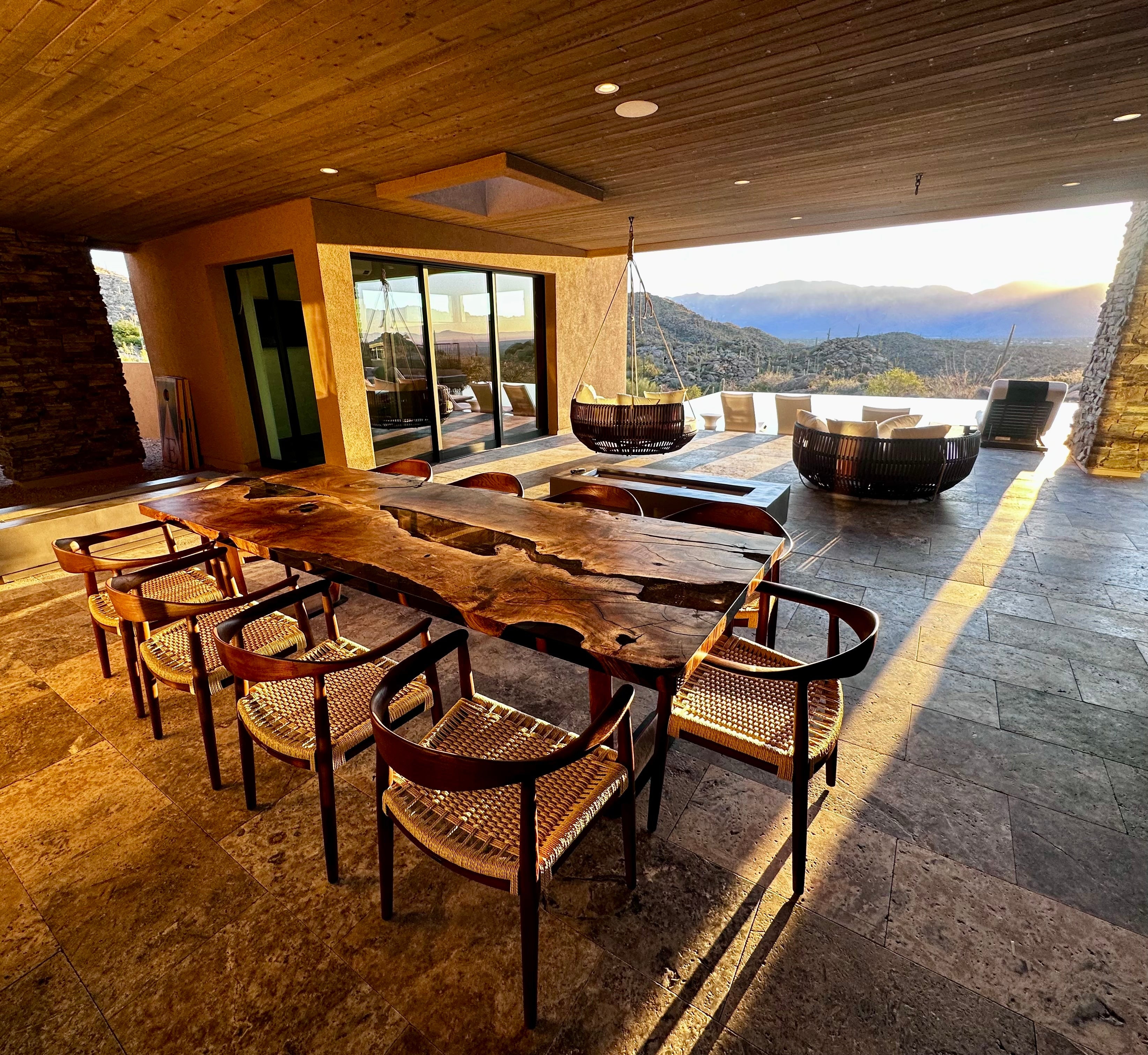 Epoxy Resin River Dining Table with Walnut Wood Legs showcasing natural wood and vibrant resin river design
