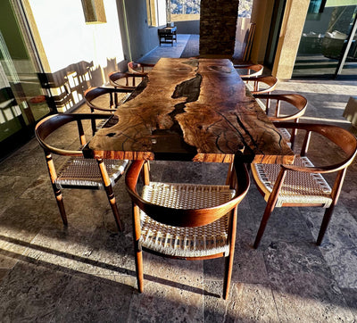 Epoxy Resin River Dining Table with Walnut Wood Legs showcasing natural wood and vibrant resin river design