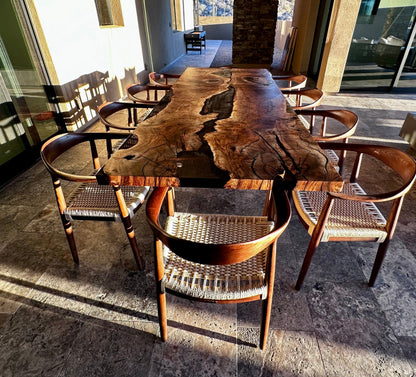 Epoxy Resin River Dining Table with Walnut Wood Legs showcasing natural wood and vibrant resin river design
