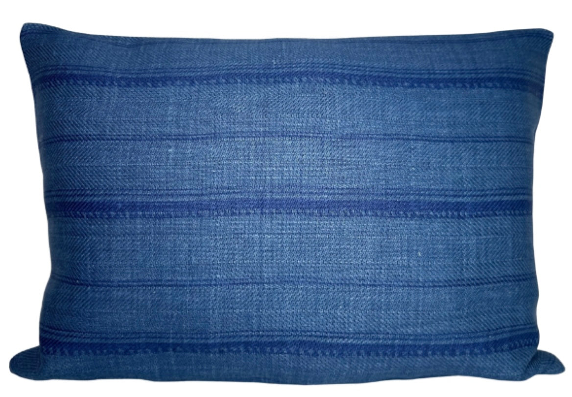 Malabar Pillow Cover in Indigo showing front printed fabric and ivory linen back side