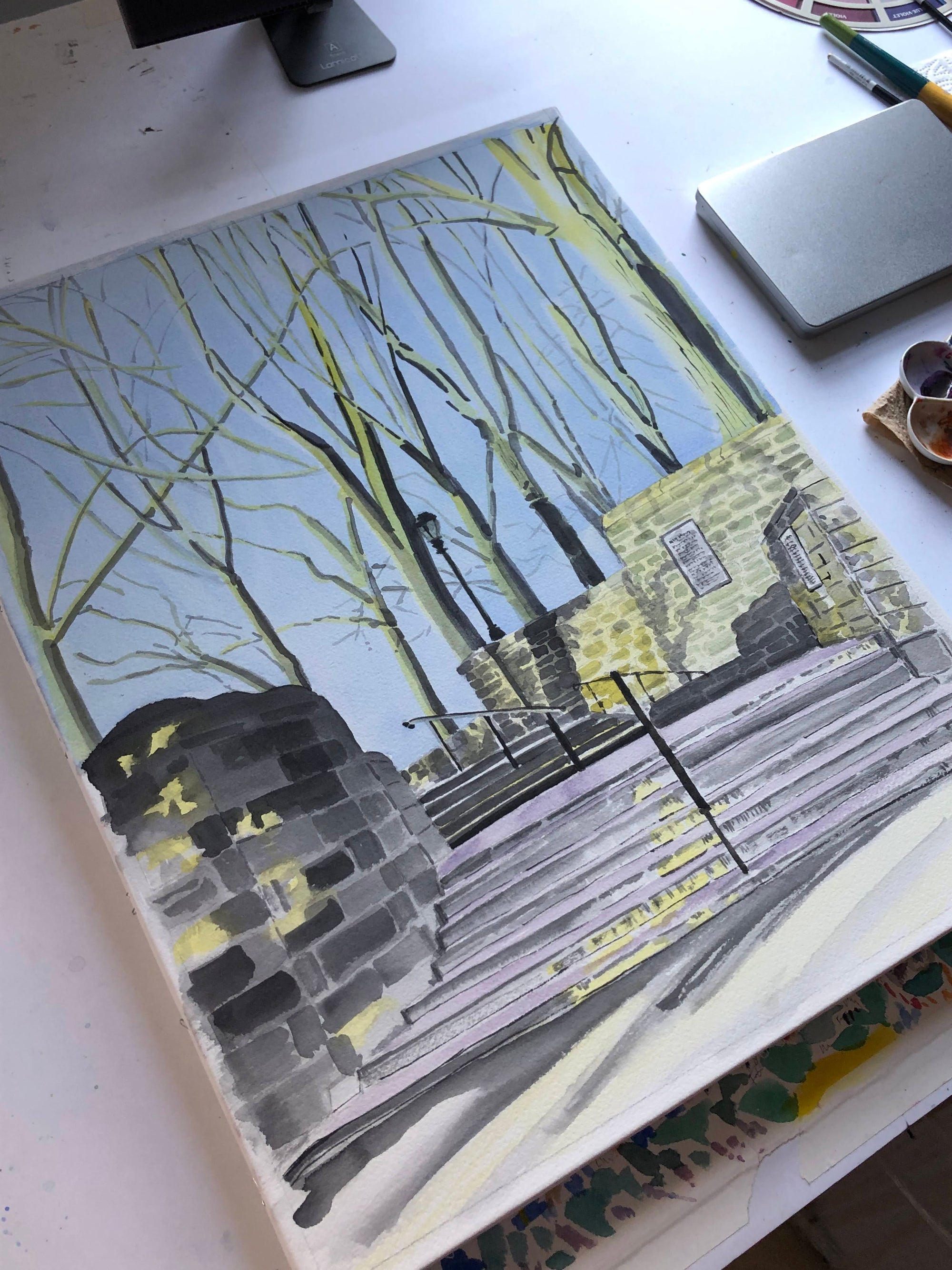 Linden Terrace Stairs, Fort Tryon, Watercolor, Sunset by Art By Francis - product image 4 for Resin Society