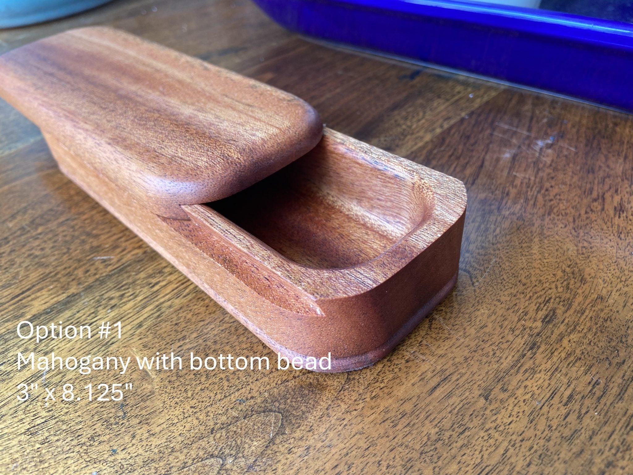 Handcrafted hardwood keepsake box with wood inlay, 8.25 by 3.25 inches