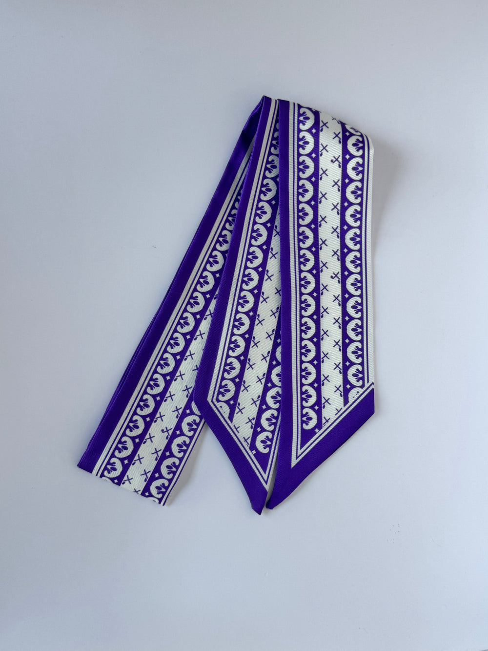 Purple and White Ribbon Twilly skinny scarf by Hibiscus Linens