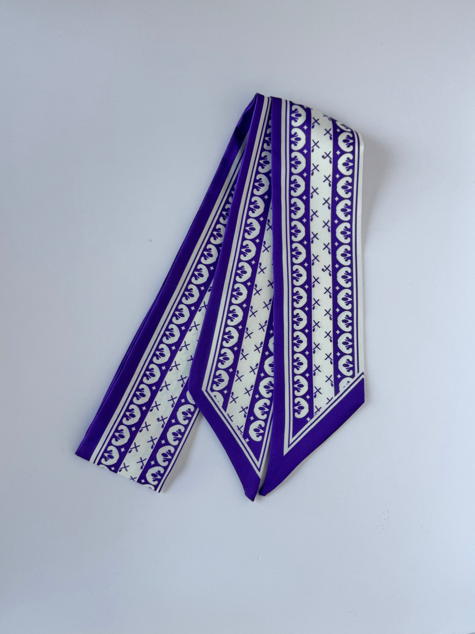 Purple and White Ribbon Twilly skinny scarf by Hibiscus Linens