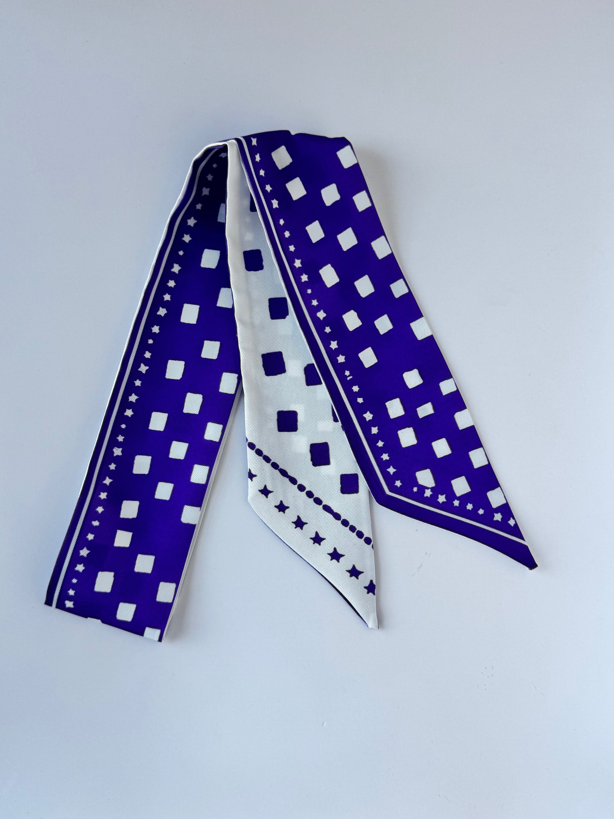 Purple and white blocks patterned skinny twilly scarf by Hibiscus Linens