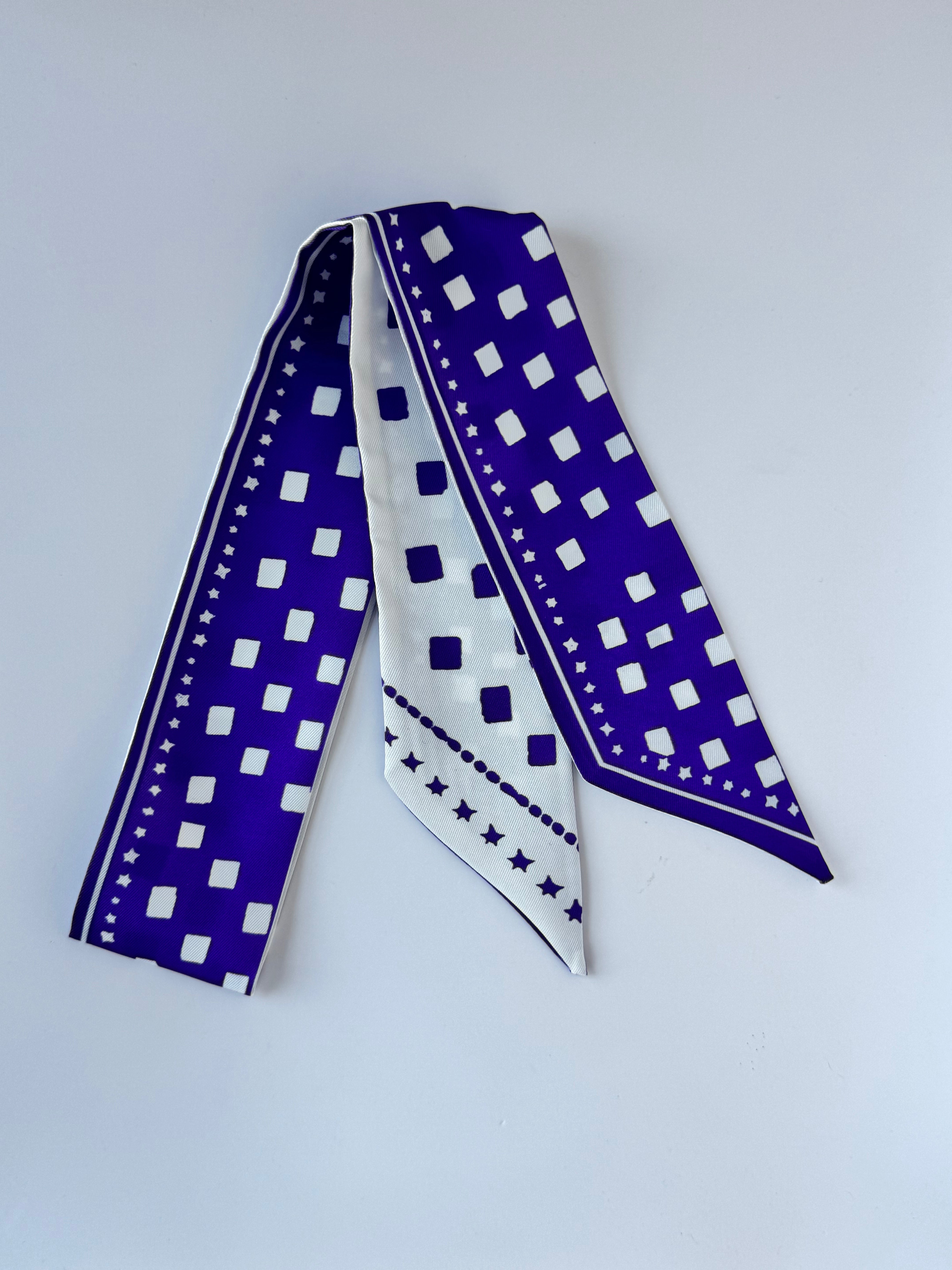 Purple and white blocks patterned skinny twilly scarf by Hibiscus Linens