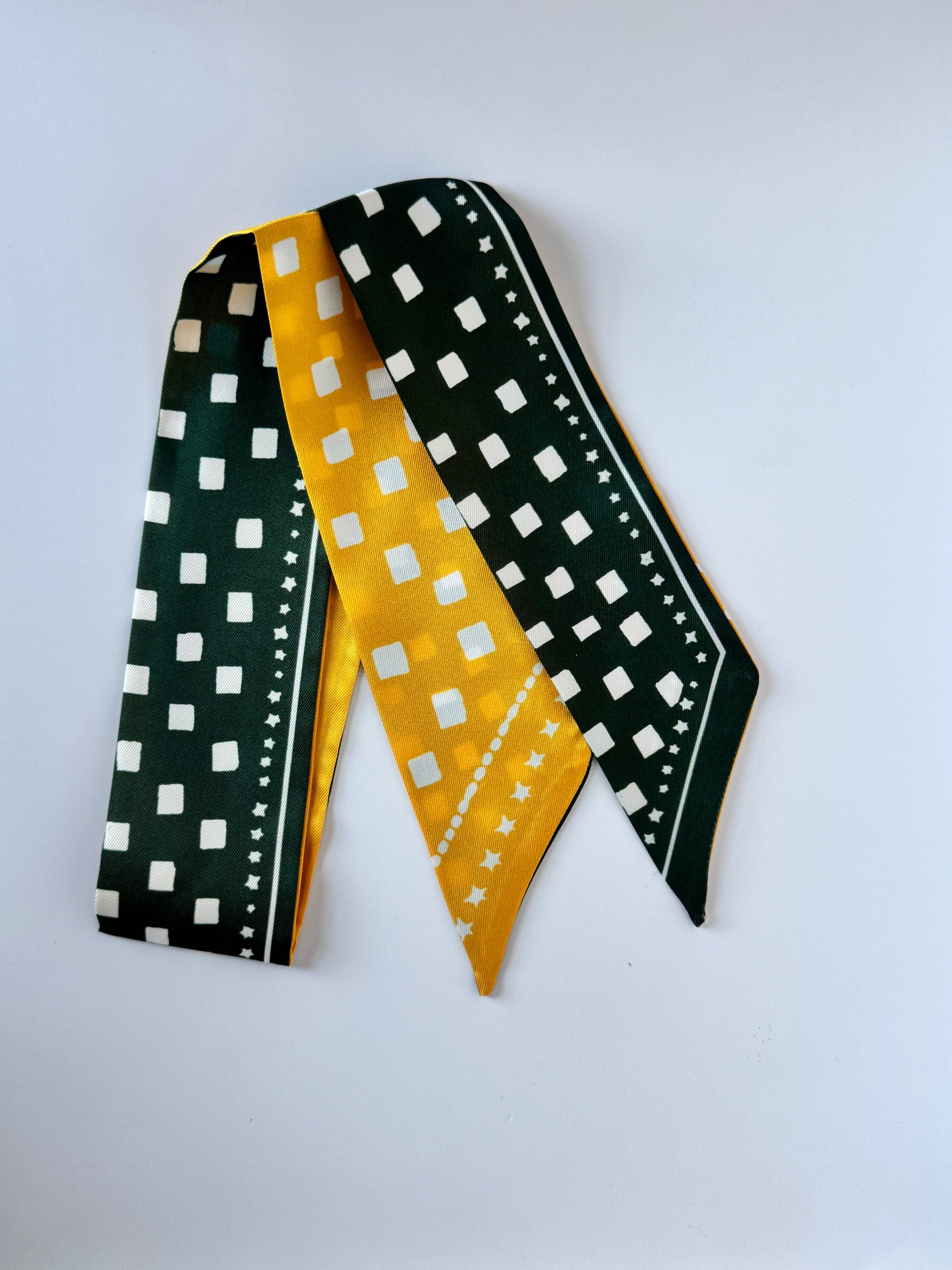Green and Gold Blocks Twilly skinny scarf with vibrant block pattern