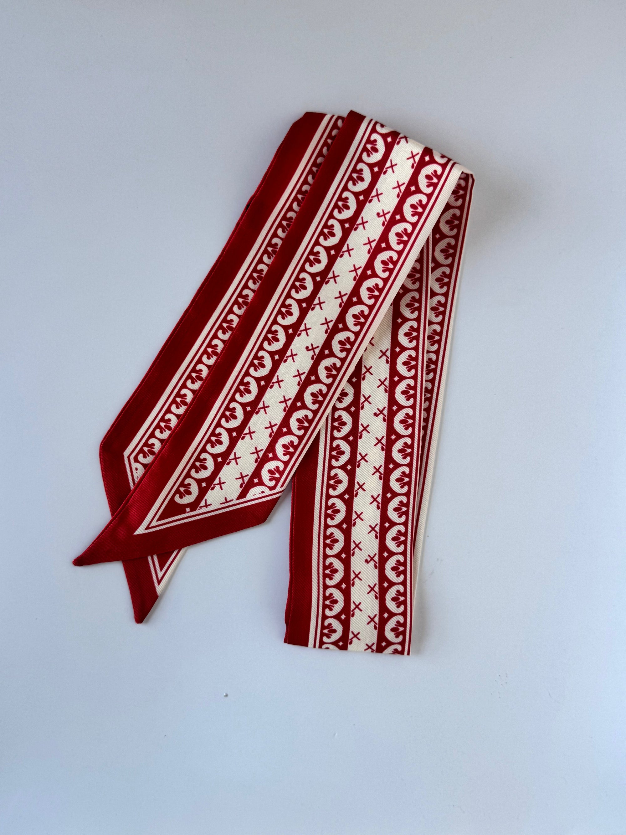 Crimson and White Ribbon Twilly skinny scarf by Hibiscus Linens