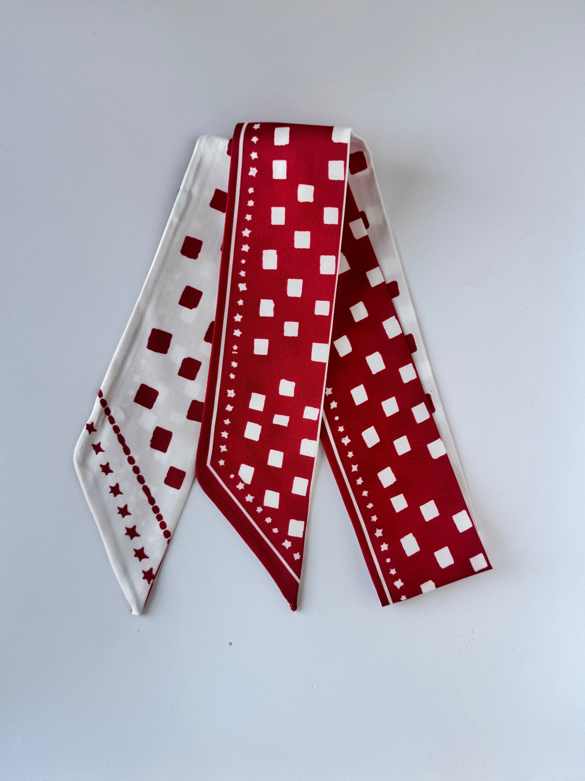 Maroon and White Blocks Twilly skinny scarf by Hibiscus Linens