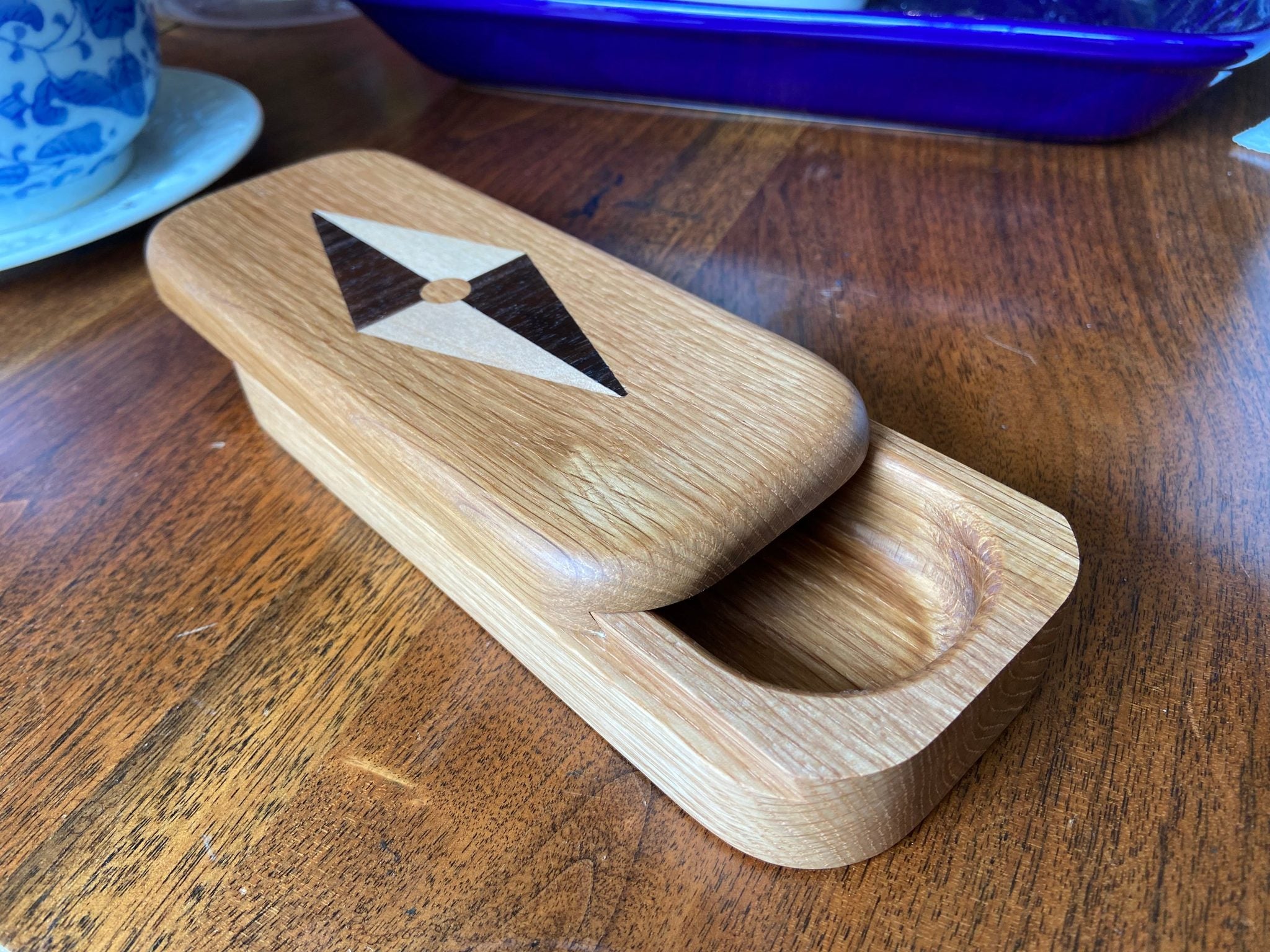 Handcrafted hardwood keepsake box with wood inlay, 8.25 by 3.25 inches