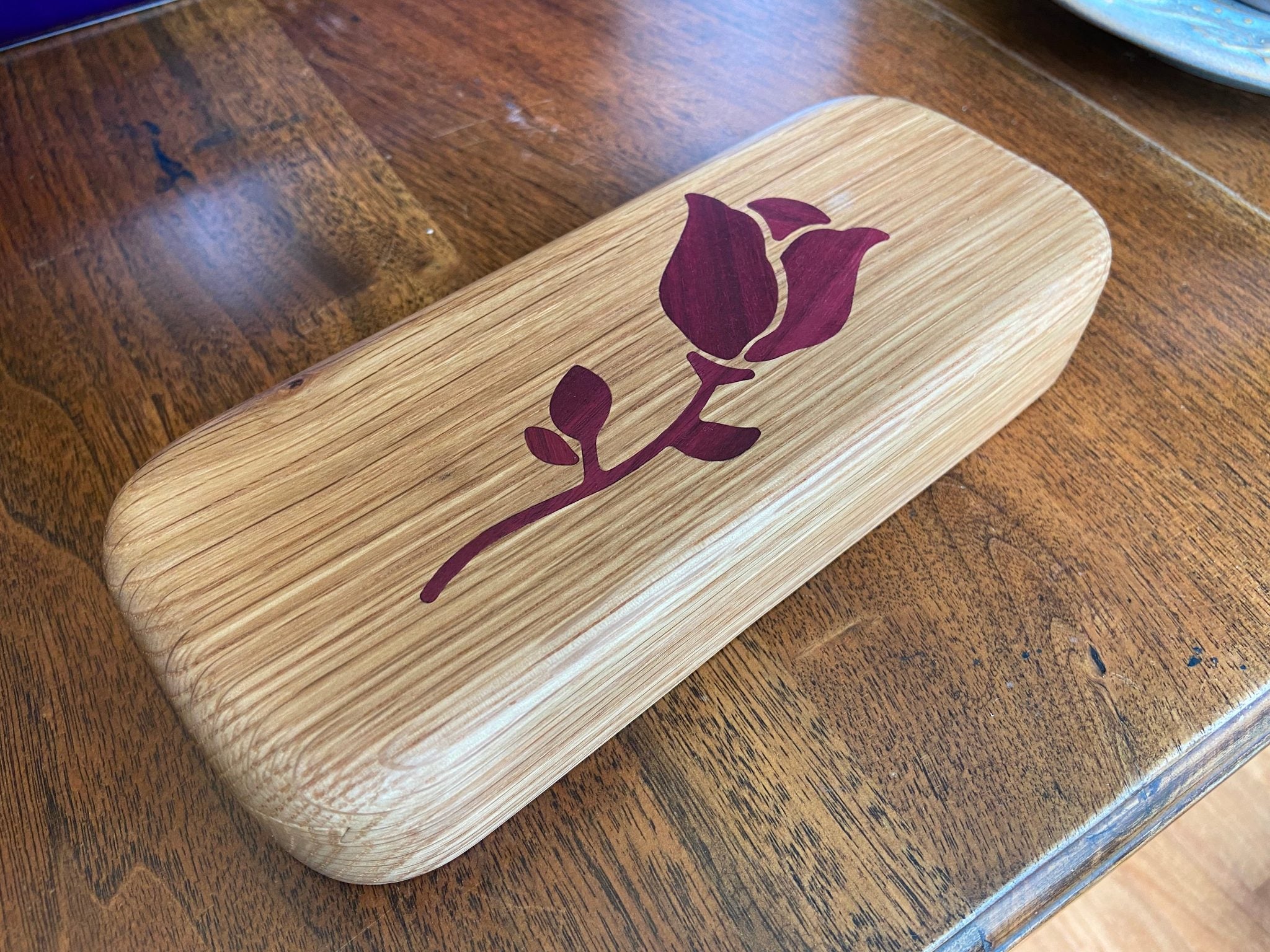 Handcrafted hardwood keepsake box with wood inlay, 8.25 by 3.25 inches