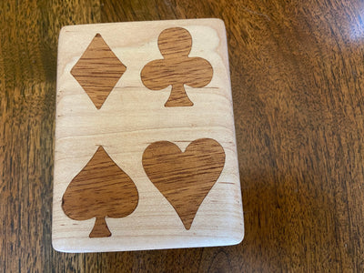 Handcrafted wooden playing card box with wood inlay detail