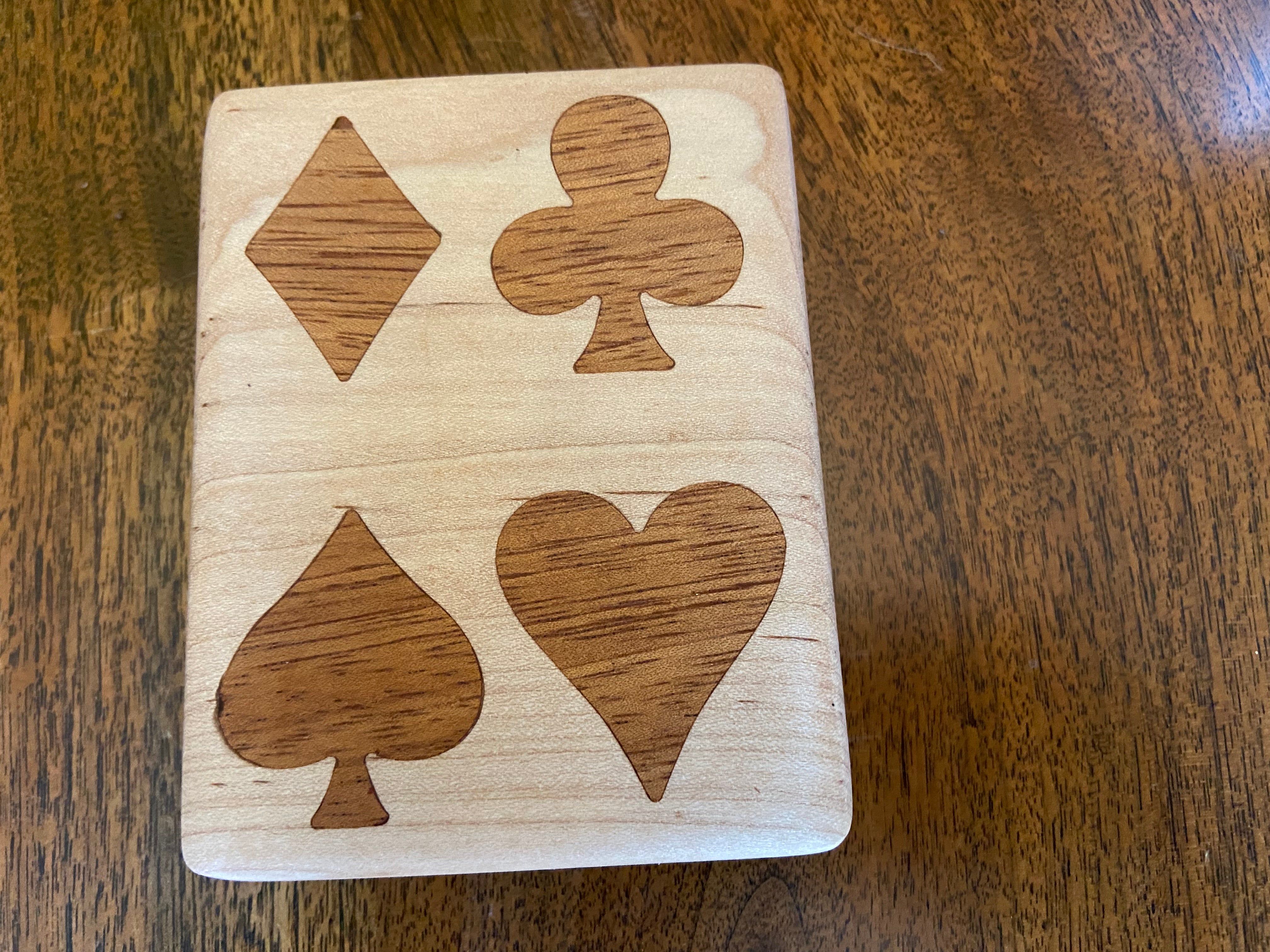 Handcrafted wooden playing card box with wood inlay detail