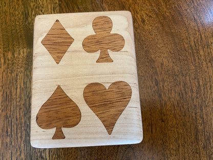 Handcrafted wooden playing card box with wood inlay detail