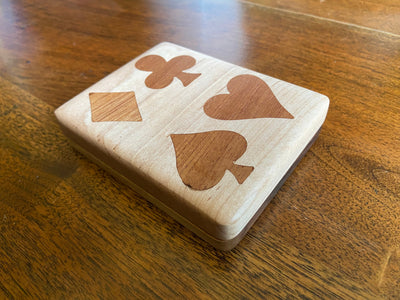 Handcrafted wooden playing card box with wood inlay detail