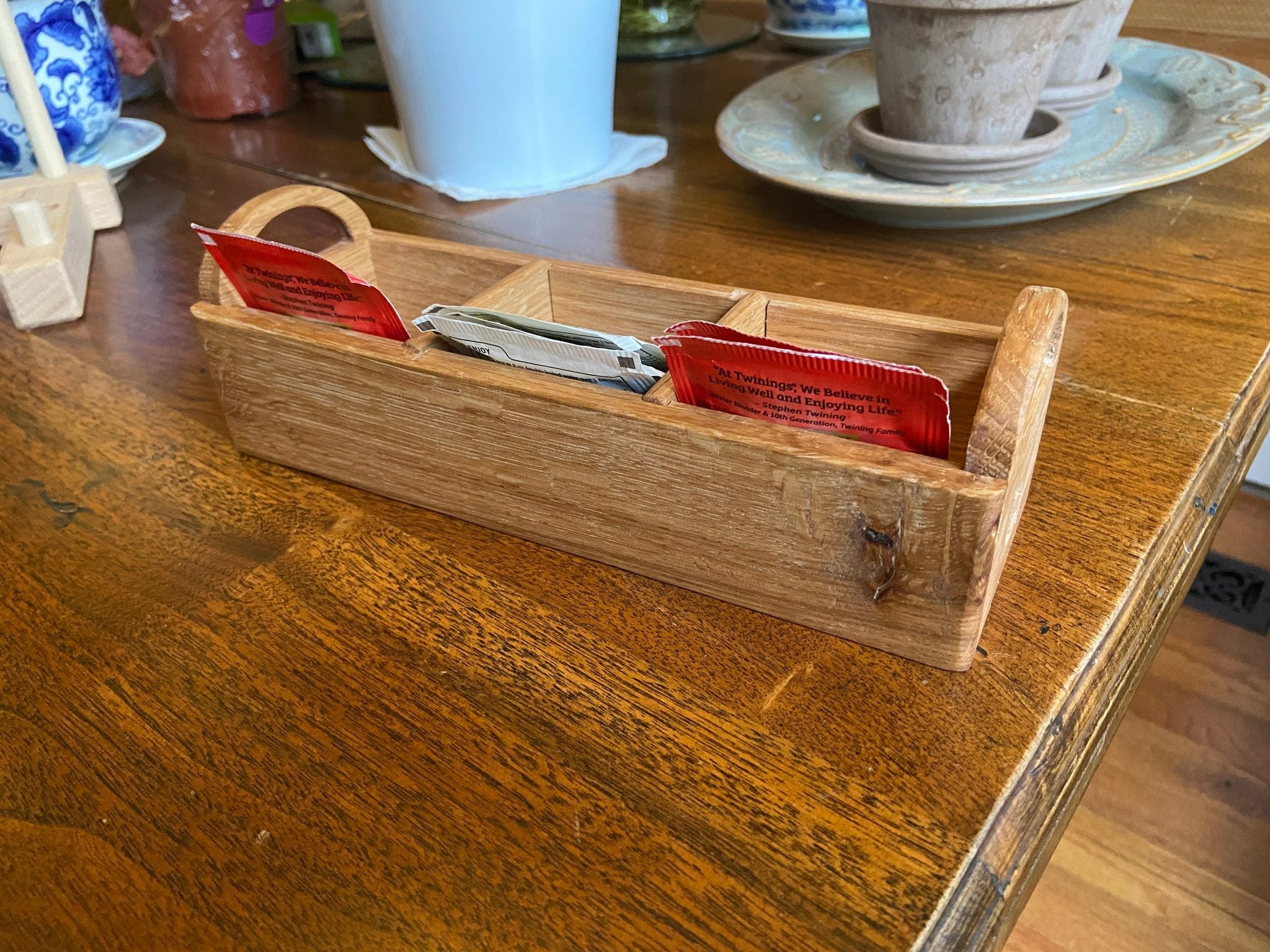 Hand-made White Oak Tea Caddy with hand-carved handles and tea leaf engravings