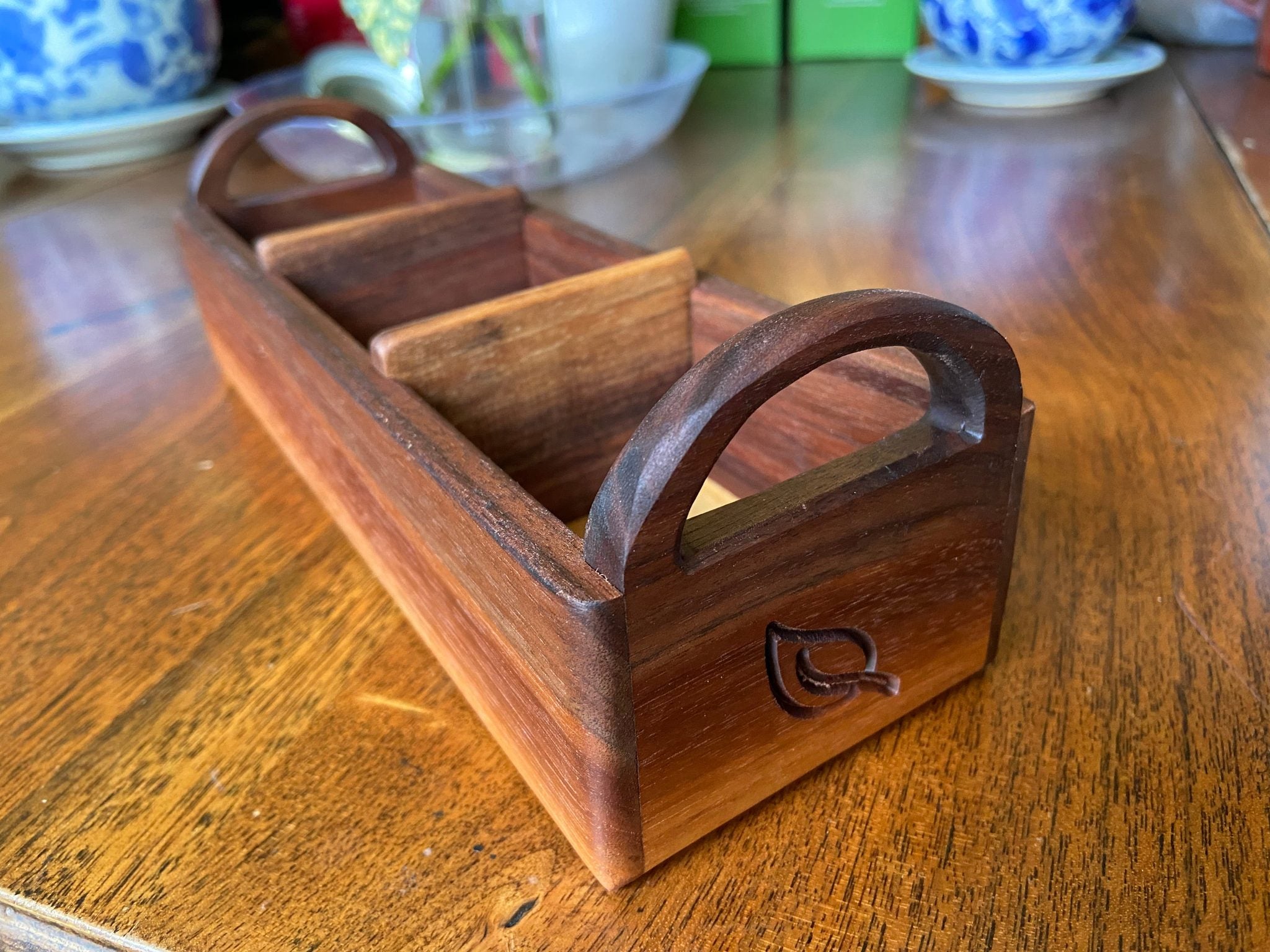 Hand-made walnut tea caddy with custom tea leaf engraving on each end