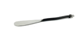 Single black-handled butter spreader with a flat, rounded silver blade and a decorative silver end cap on the handle, shown on a white background.