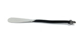 Butter spreader with a wide flat stainless steel blade and a slender black handle featuring three silver rings near the rounded end.