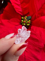 Close-up of a small, translucent rose quartz crystal held between fingers with red-painted nails, set against vibrant red poinsettia leaves and green buds in the background.