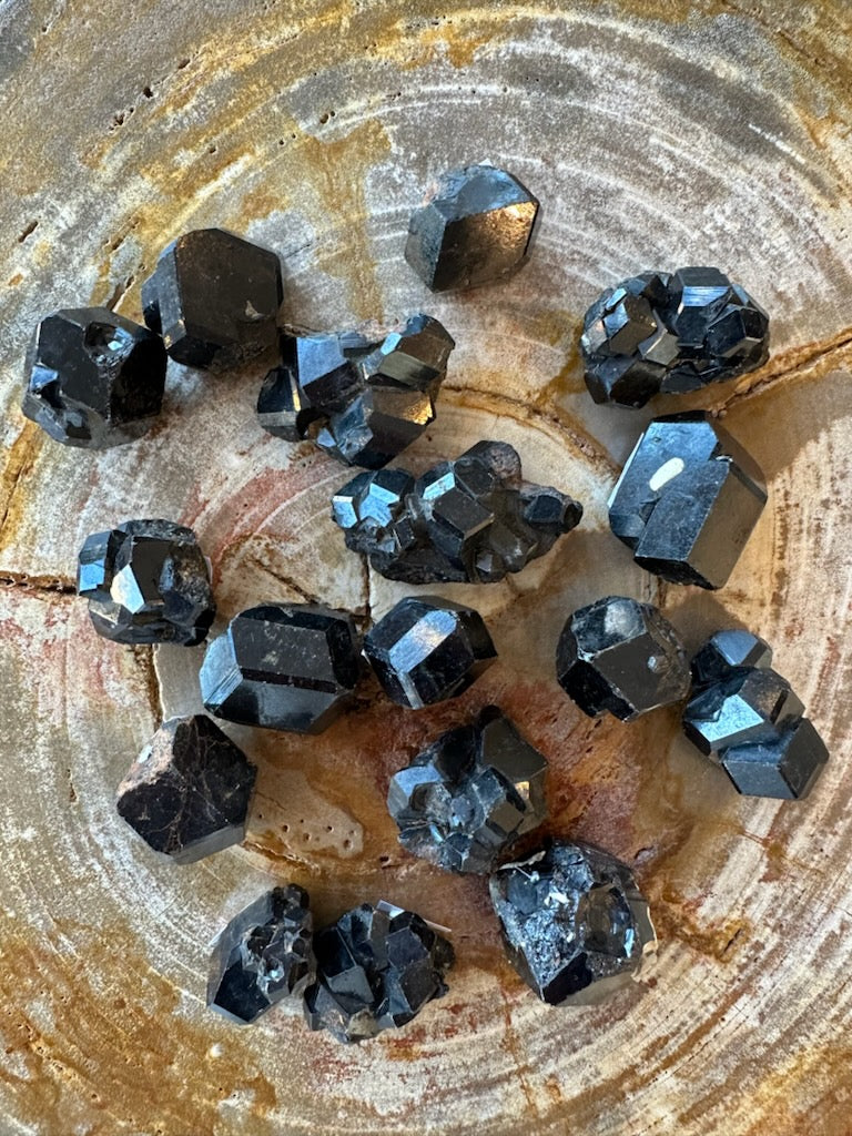 Small Melanite Garnet mineral specimen resting on dark surface, showing rough texture and dark glossy areas