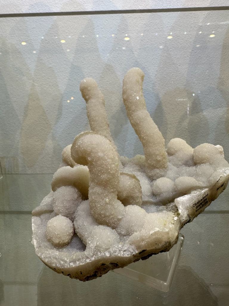 White medium chalcedony stalactite specimen with smooth rounded stalagmites and clusters of small spherical formations on a flat base, displayed on a clear stand.