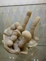 Medium-sized chalcedony stalactite cluster with several elongated, rounded formations covered in fine white crystals, displayed on a clear stand against a patterned background.