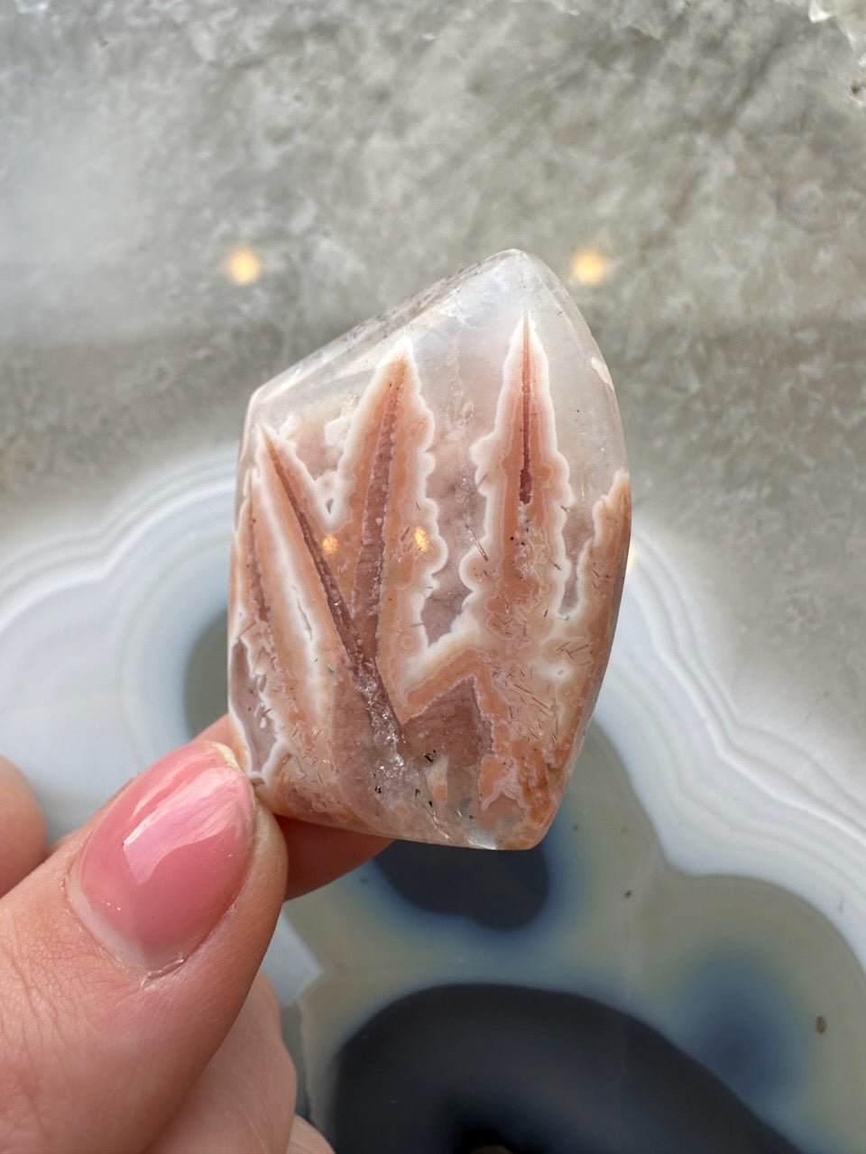 Hand holding a polished Apple Valley agate pseudomorph cabochon with intricate pinkish-brown dendritic patterns on a translucent white background.