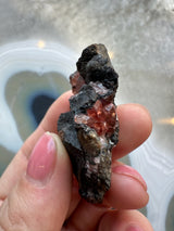 Hand holding a rough black matrix rock embedded with translucent pinkish-red rhodochrosite crystals, set against a blurred background of a patterned gray and white geode surface.