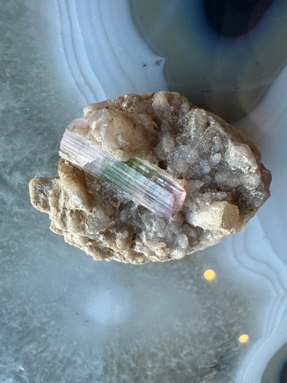 Watermelon Tourmaline on Albite Matrix mineral specimen showing green and pink crystals on a pale albite base