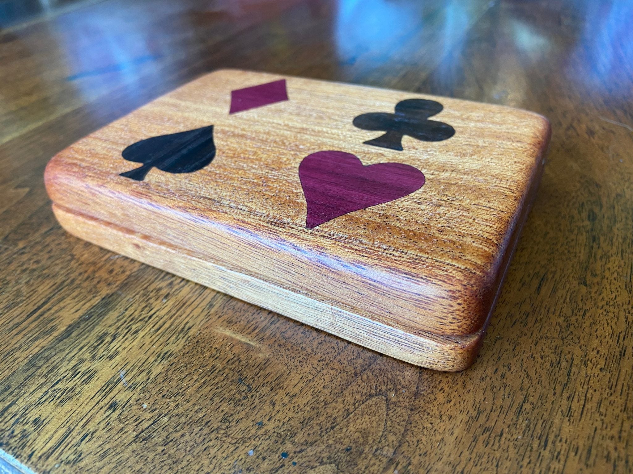 Handmade wooden bridge set box with purple heart and walnut inlays