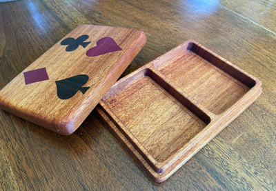Handmade wooden bridge set box with purple heart and walnut inlays