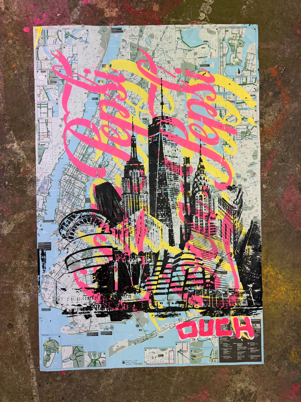 Skyline Coca-Pepsi original artwork by Denis OUCH featuring bold colors and NYC bike map background
