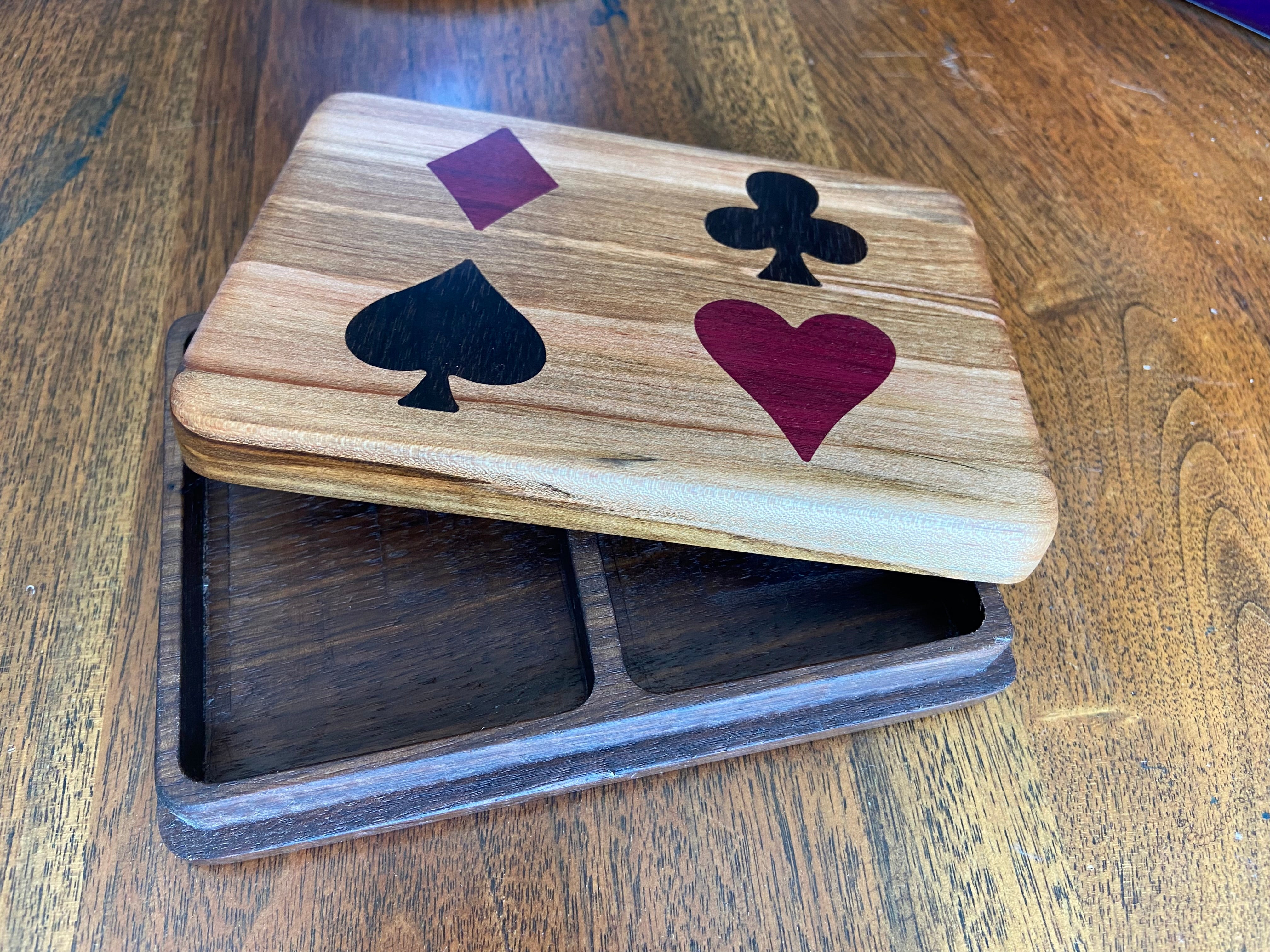 Handmade wooden bridge set box with purple heart and walnut inlays