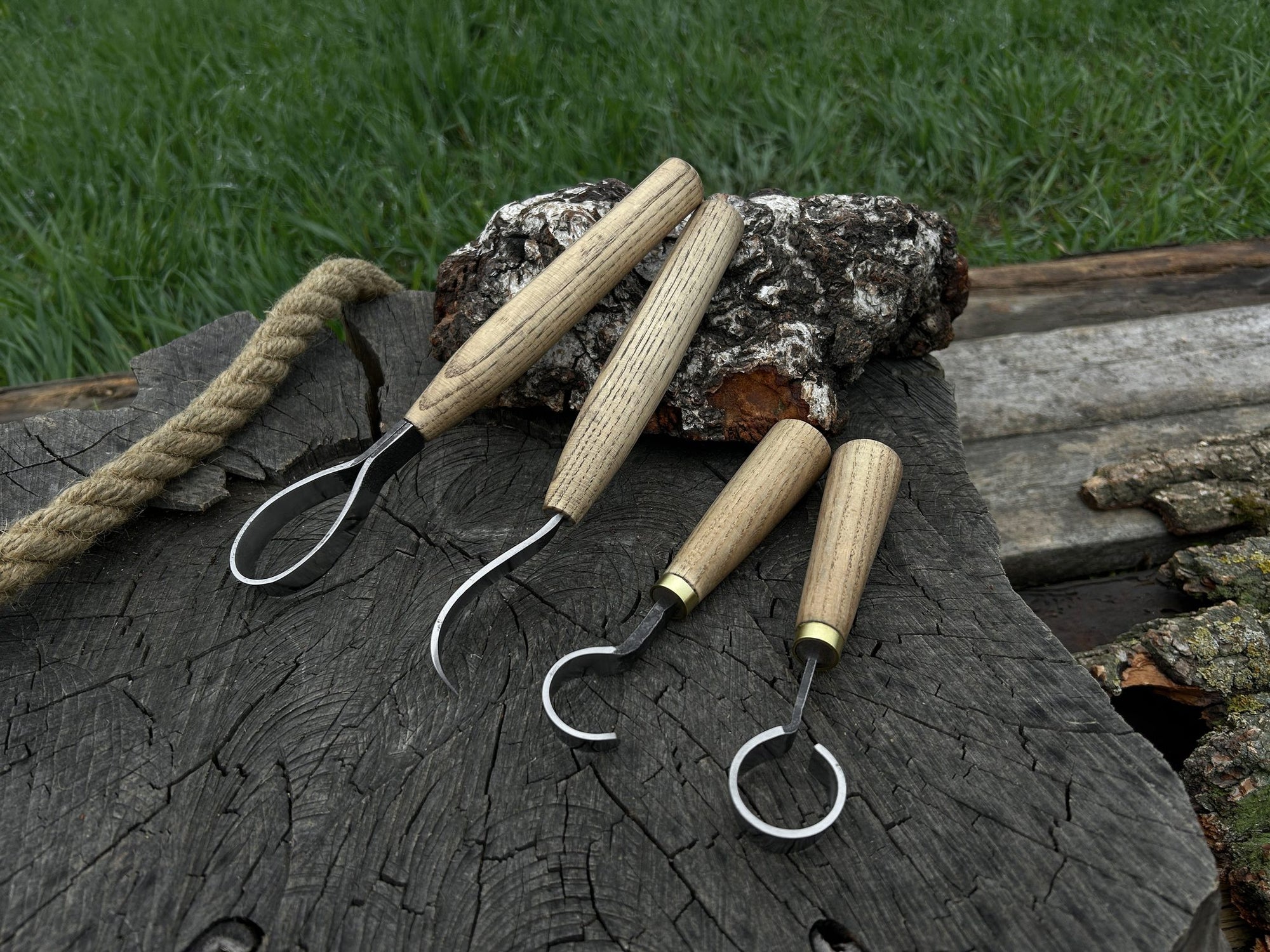 4-piece hand-forged wood carving knife set with ash handles and leather cases