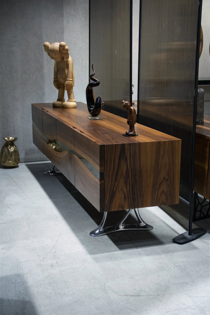 Luxury D-Shaped Walnut and Epoxy Executive Desk with cast aluminum legs in various finishes