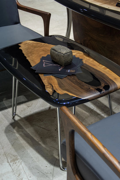 Luxury D-Shaped Walnut and Epoxy Executive Desk with cast aluminum legs in various finishes