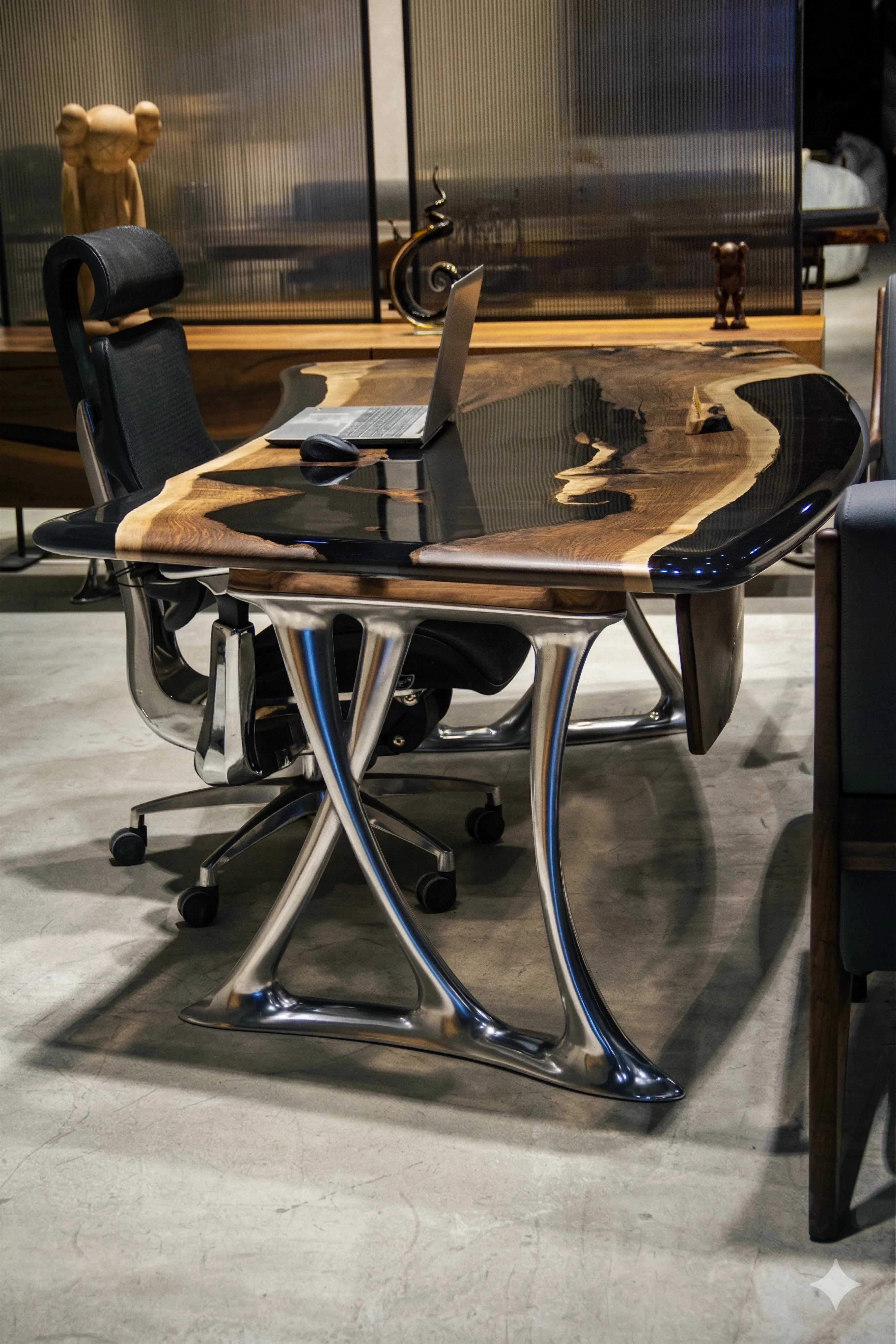 Luxury D-Shaped Walnut and Epoxy Executive Desk with cast aluminum legs in various finishes