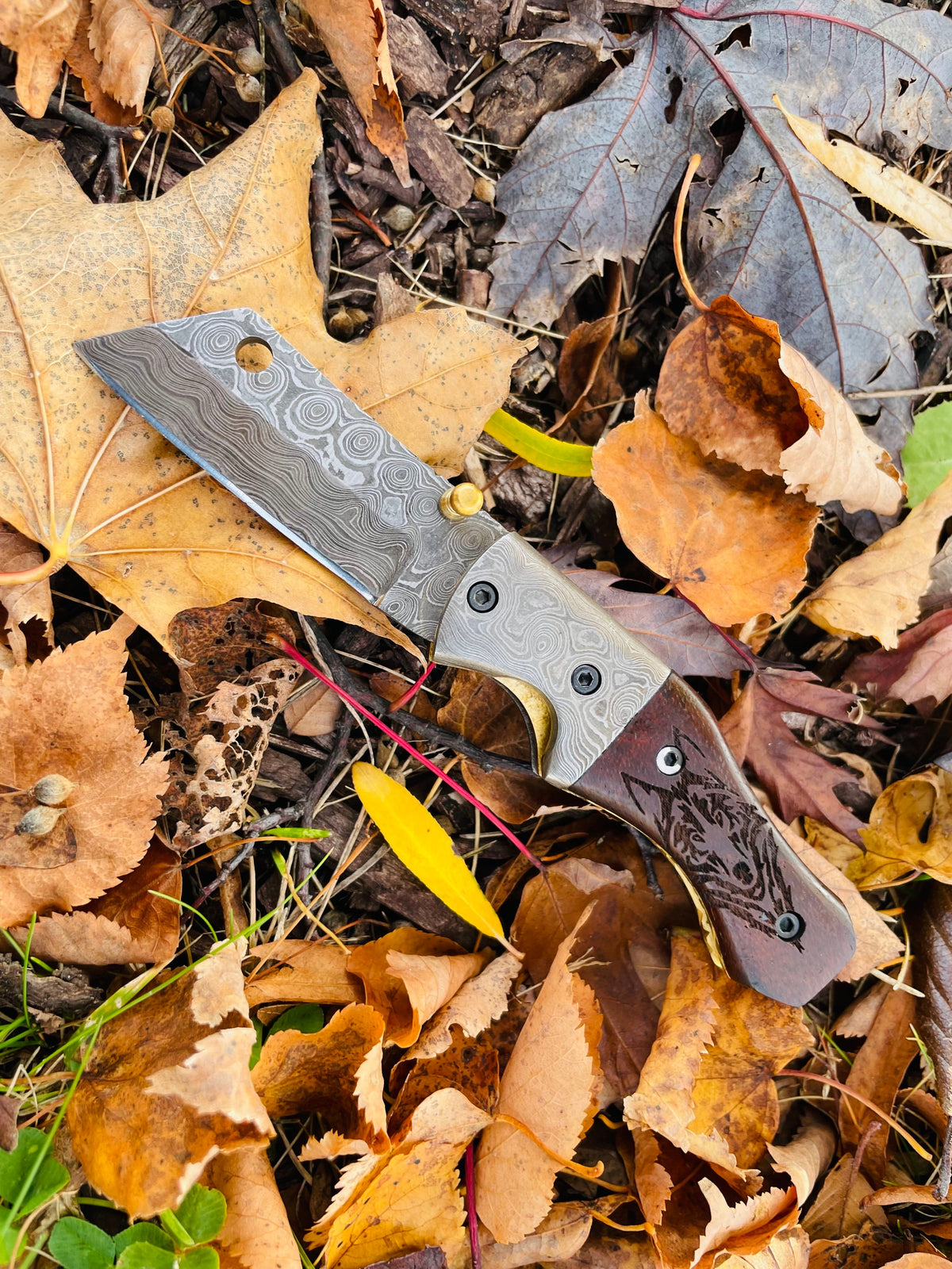 Damascus Steel Handmade Folding Knife Wolf Engraved TF-083 Limited Run with black walnut handle and wolf engraving on blade