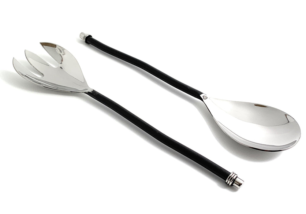 Set of two Vibhsa salad servers with twisted black handles and silver serving ends