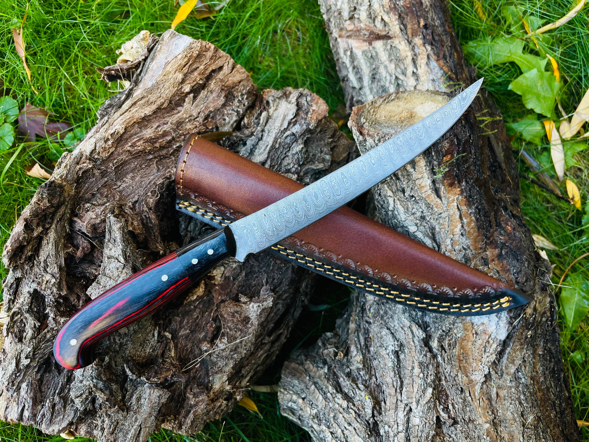 Damascus Steel Custom Flay Knife TK-050 displayed on a wooden surface showcasing detailed blade and diamond wood handle