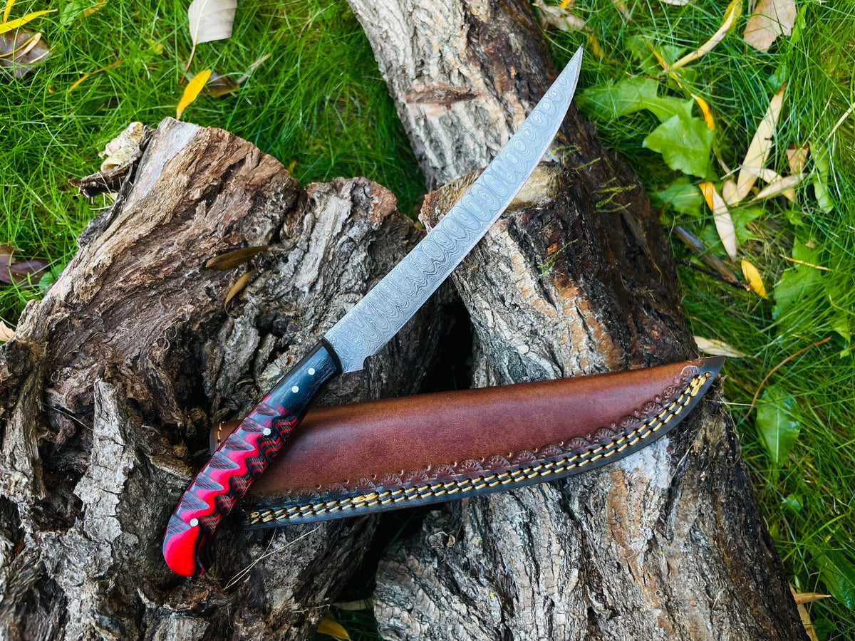 Damascus Steel Custom Flay Knife TK-051 showing blade with wood-grip handle
