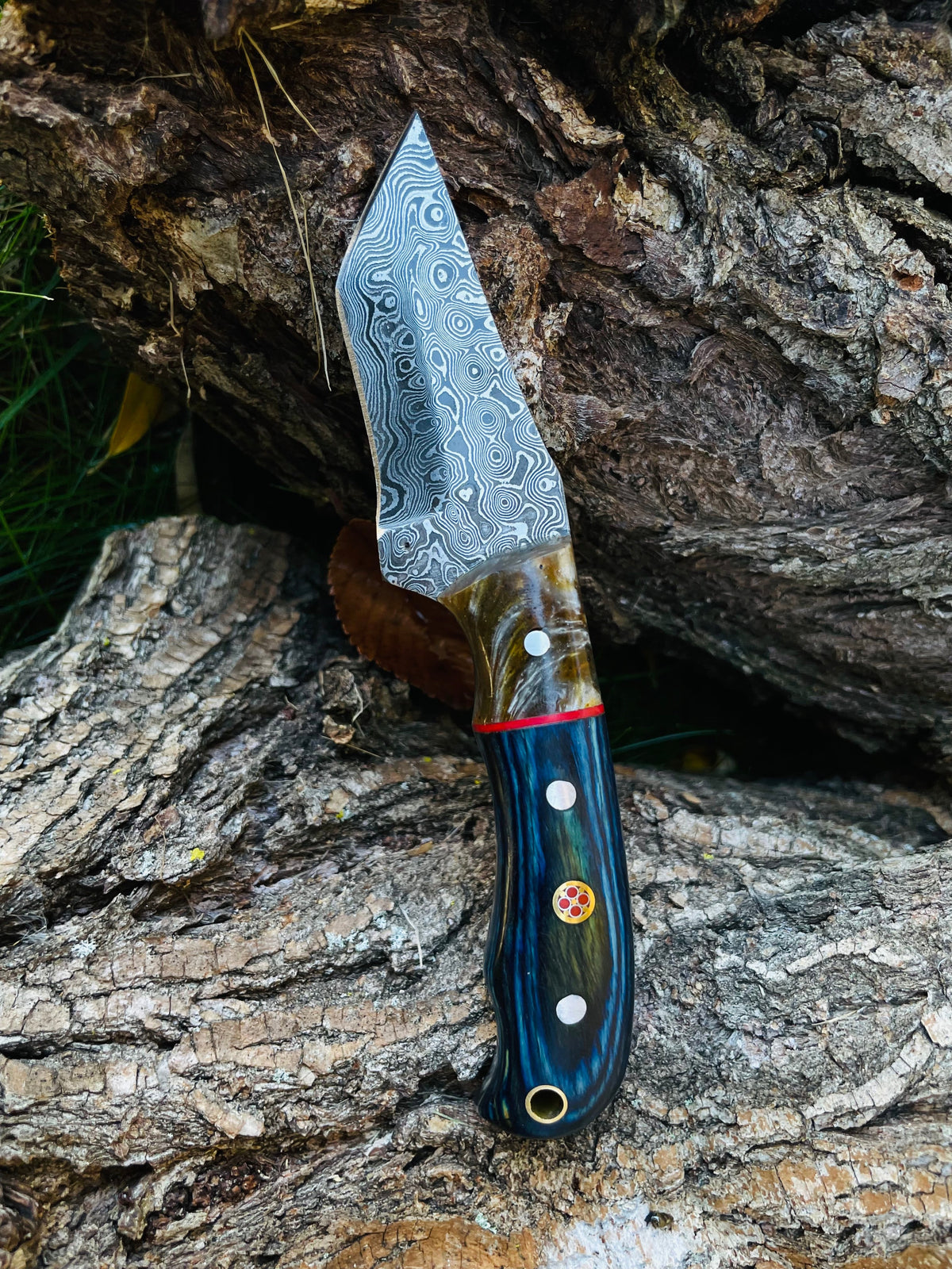Damascus Steel EDC Style Oda TK-055 knife with wood and resin handle, shown from multiple angles on a neutral background