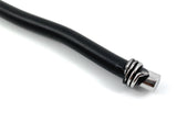 Close-up of a black curved handle with a shiny silver metal end and decorative rings on a white background.