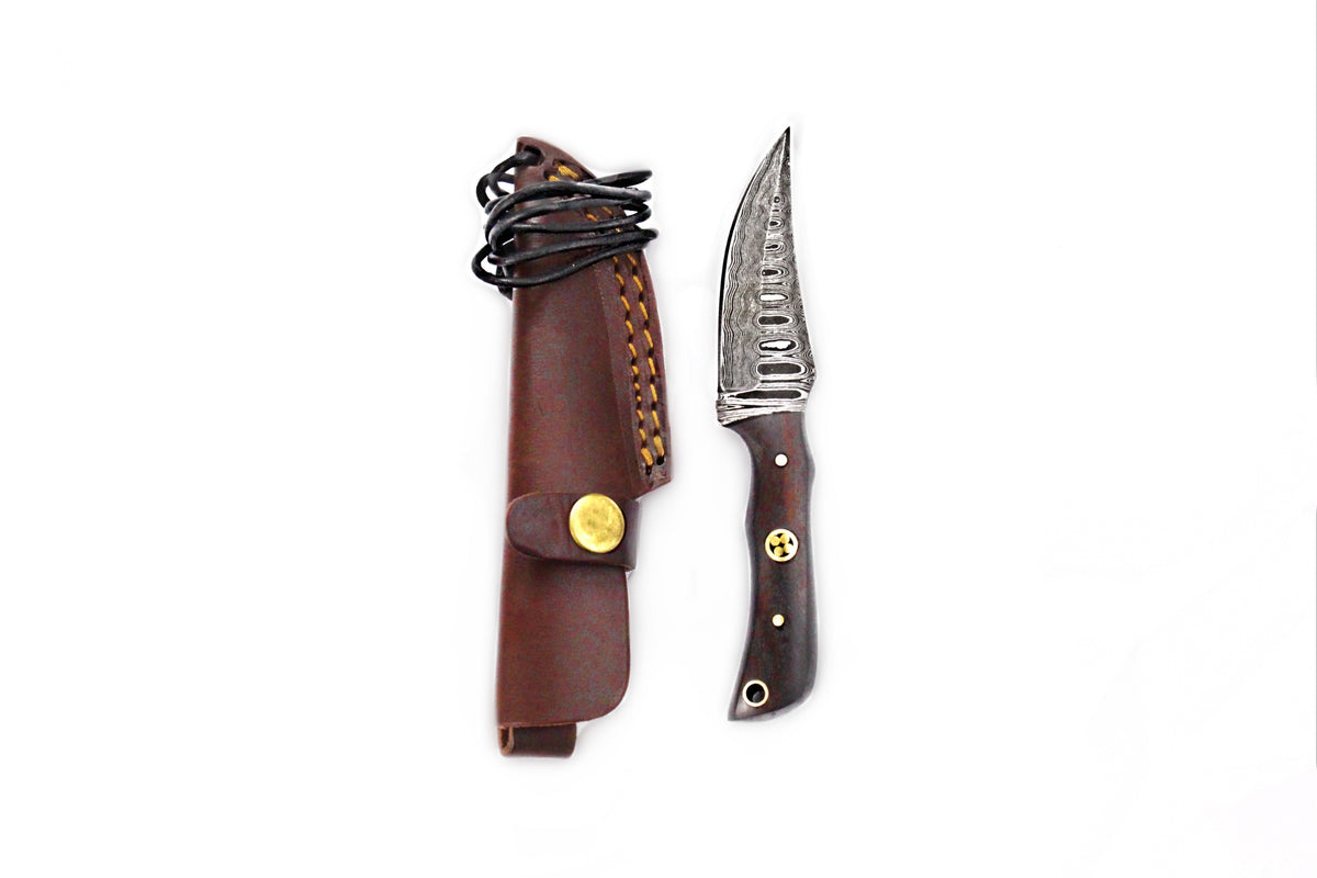 Damascus Steel Skinner Knife with rosewood grip displayed on a neutral surface