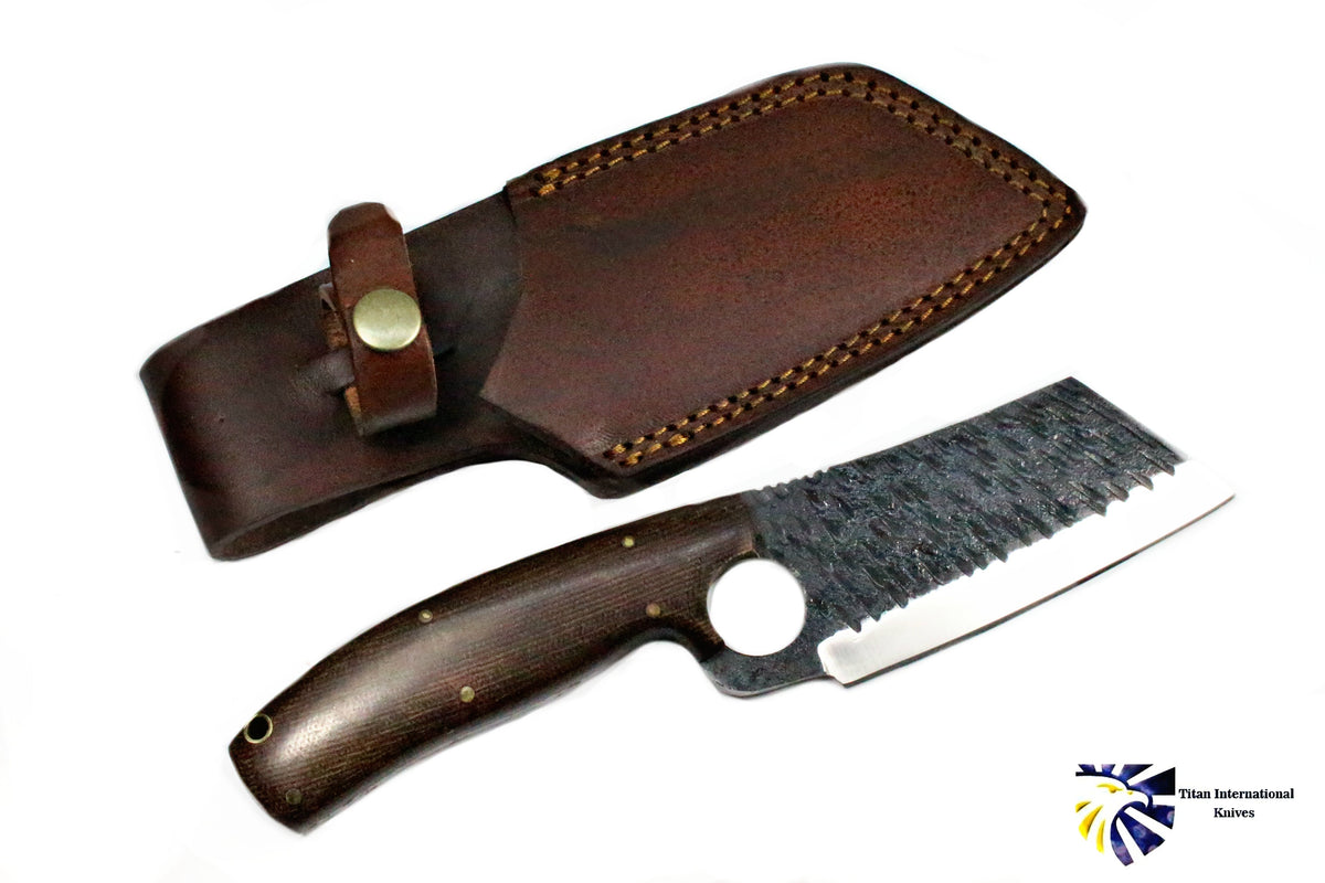 Hand Forged Clever Style Carbon Blade by Titan TC-006 knife showing Micarta handle and carbon steel blade