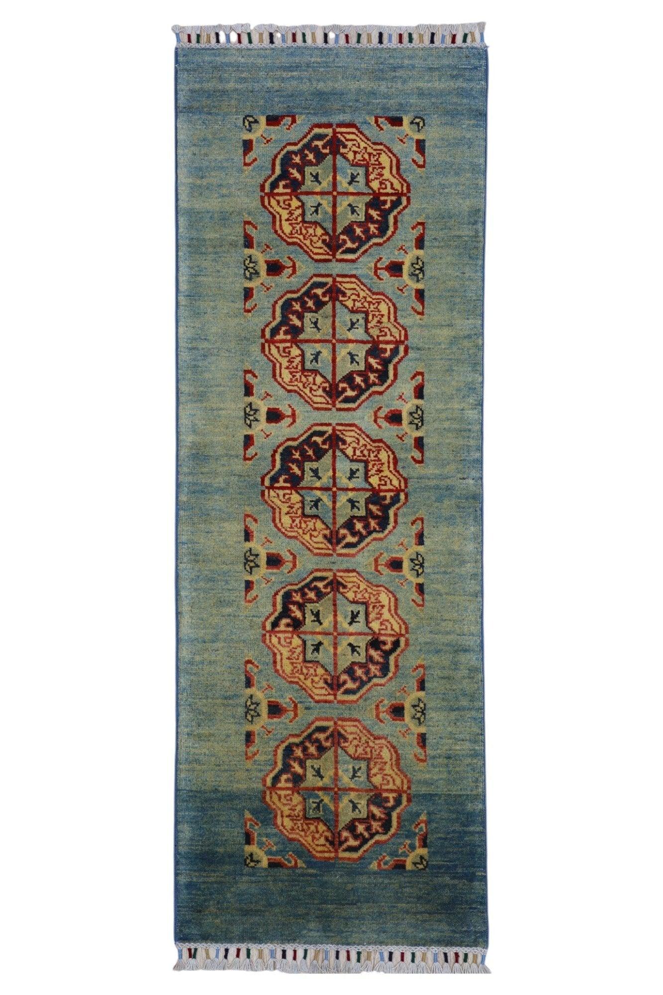 Hand-knotted green Kazak Afghan wool rug runner with geometric pattern