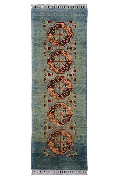 Hand-knotted green Kazak Afghan wool rug runner with geometric pattern