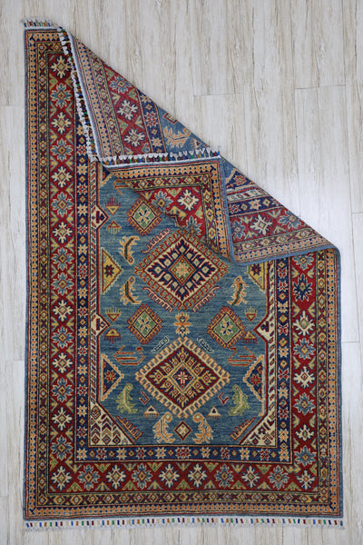 Hand-Knotted Afghani Kazak Wool Rug – 4’0″ x 6’1″